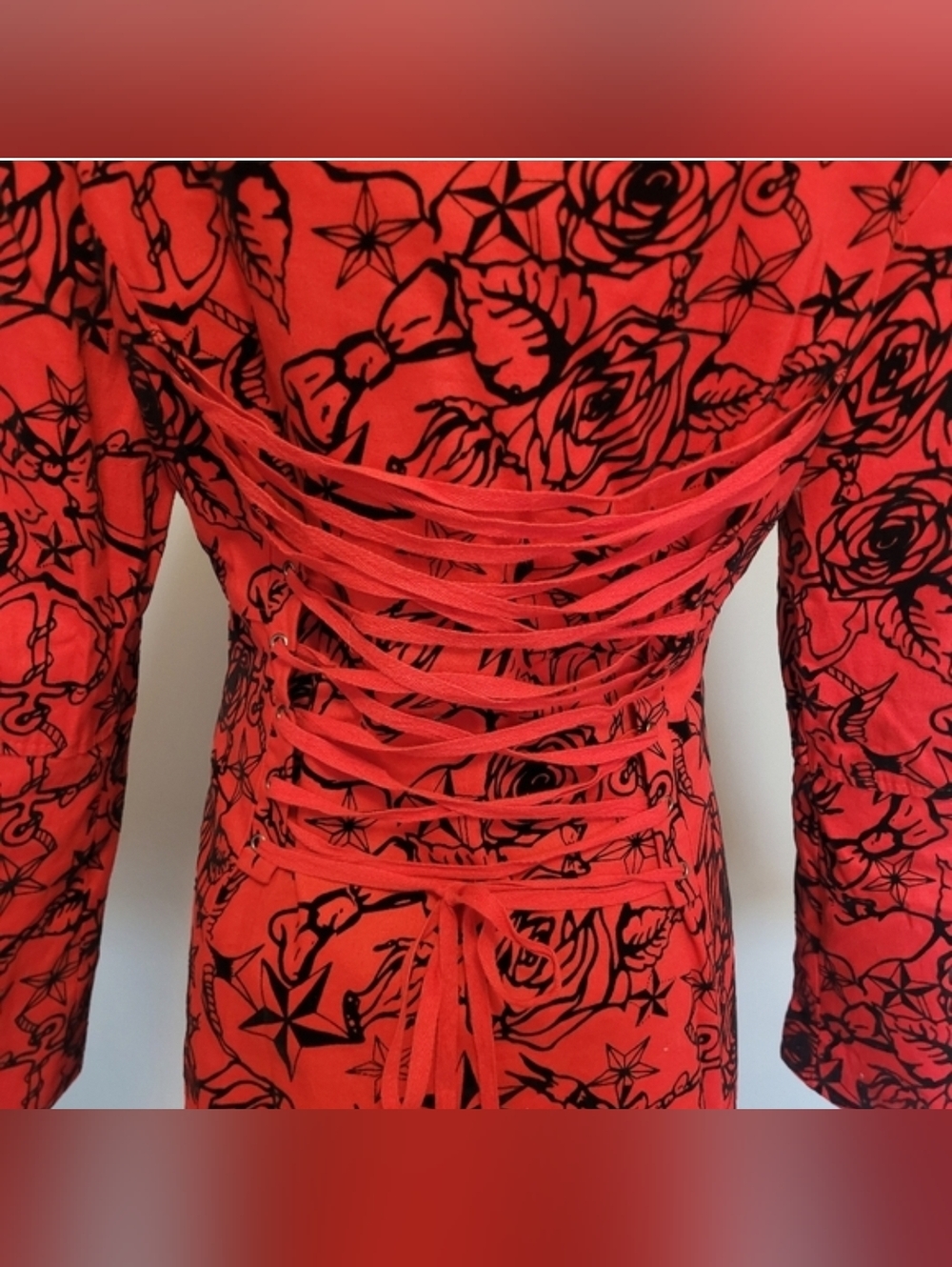Hearts And Roses Flocked Tattoo Coat With Corset Back, Size 14 - Picture 9 of 12